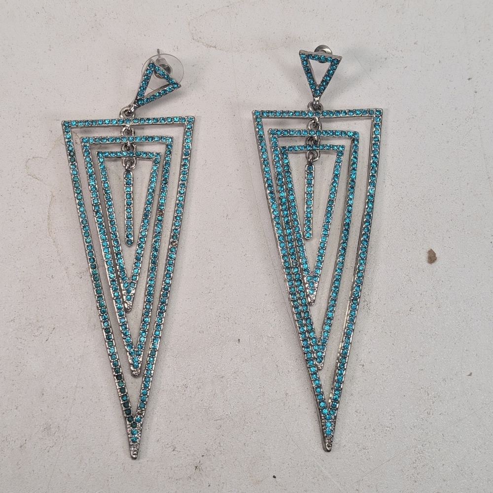 Silver Tone Turquoise Blue Rhinestone Tiered Triangle Geometric Drop Earrings